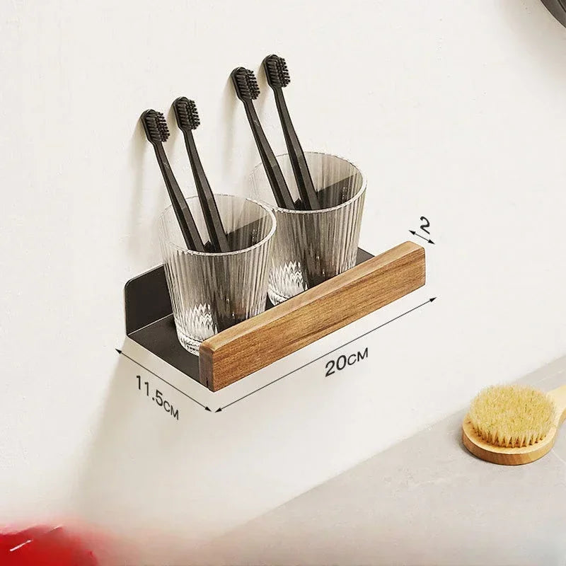 Solid Wood and Aluminium Punch-Free Bathroom Shelf